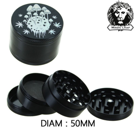Grinder Alu Magic Leaf © Leaves & Mushroom (Noir) 50mm