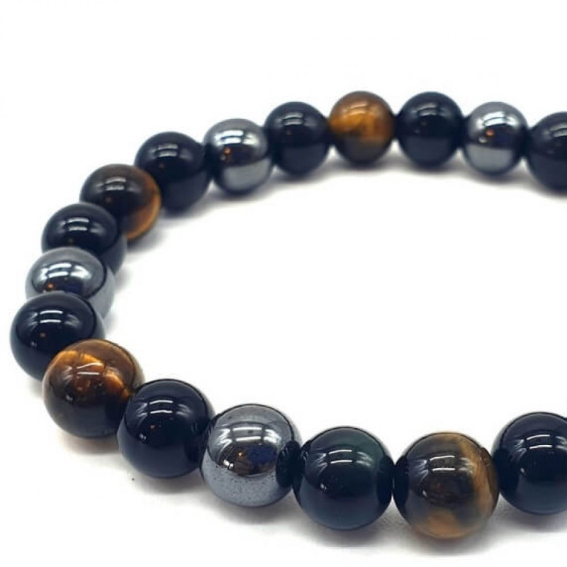 Bracelet Protection Obsidienne Noire, Hematite, Oeil de Tigre perles 8mm